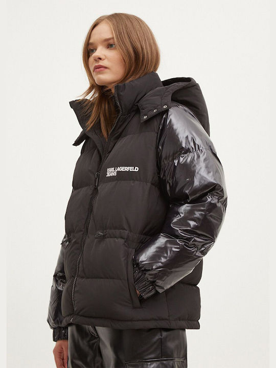 Karl Lagerfeld Women's Short Puffer Jacket for Winter with Hood Black