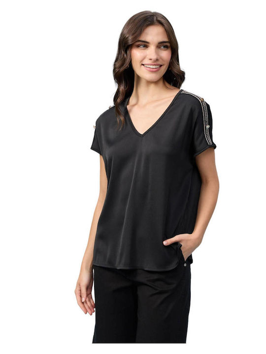 Passager Damen Bluse Satin mit V-Ausschnitt Black