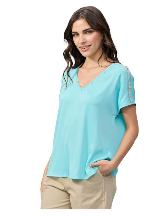 Passager Women's Blouse Satin with V Neck Turquoise