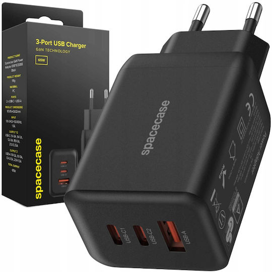 Spacecase Φορτιστής Χωρίς Καλώδιο GaN με Θύρα USB-A και 2 Θύρες USB-C 65W Power Delivery / Quick Charge 3.0 Μαύρος (SC008B)