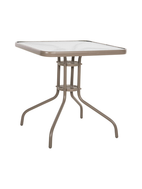 Outdoor Dinner Table with Glass Surface and Metal Frame Champagne 70x70x72cm