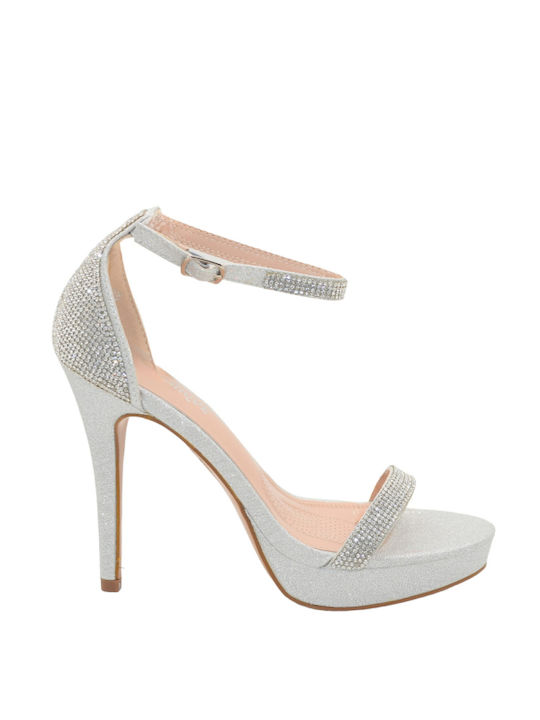 Morena Spain Women's Sandals with Strass & Ankle Strap Silver with High Heel