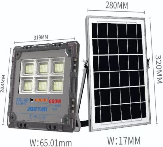 Jortan Στεγανός Ηλιακός Προβολέας LED 600W Ψυχρό Λευκό 6000K με Τηλεχειριστήριο IP67