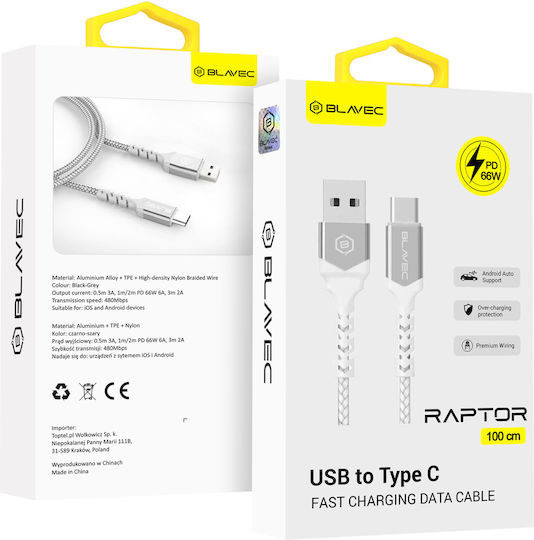 Blavec Cablu Raptor Braided USB 2.0 USB-C Masculin - USB-A 66W PD Alb 1m