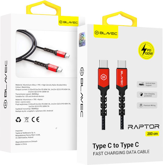 Blavec Raptor Braided USB 2.0 Cable USB-C male - USB-C 100W PD Μαύρο 2m
