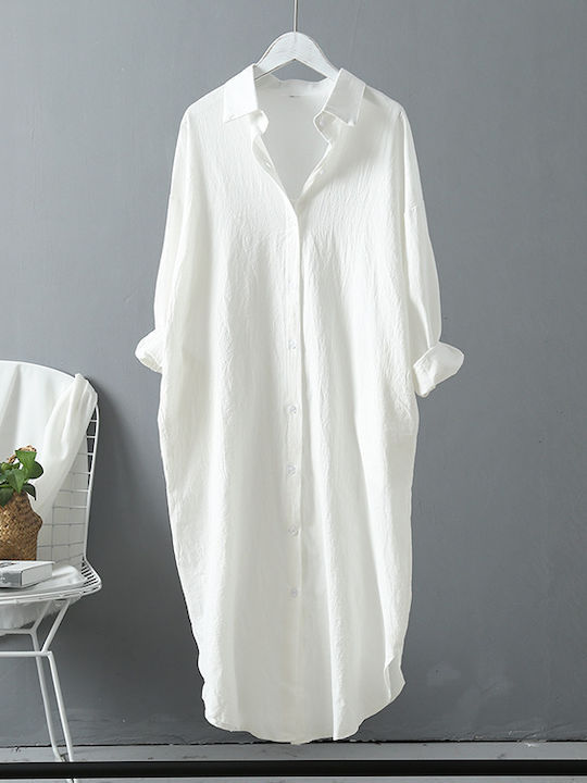 Oversized Linen Midi Shirt Dress White White