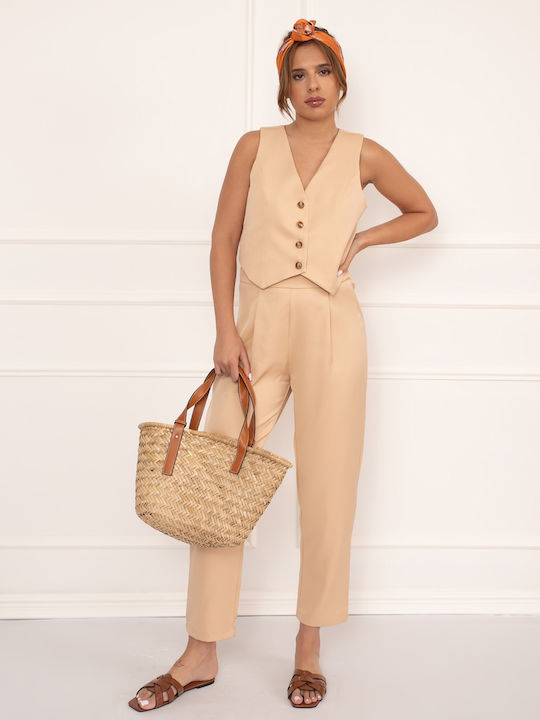 Women's Beige Beige Suit Vest Trousers