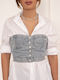 Crop Top Jean Fără Bretele Albastru Albastru