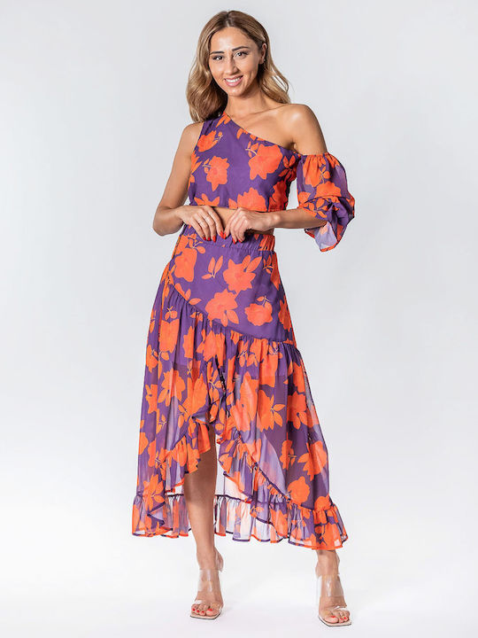 Set Top Skirt Asymmetric Purple Orange