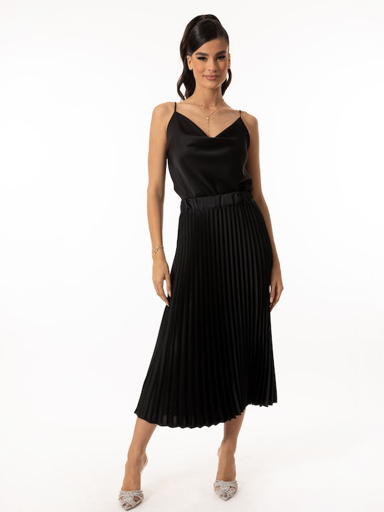 High-Waisted Pleated Midi Skirt Black