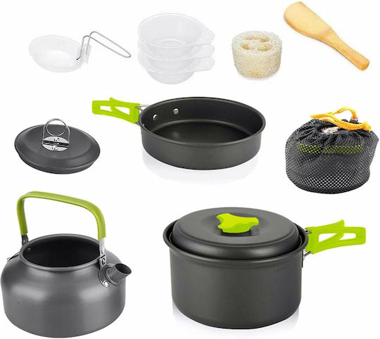 Set complet de gătit în camping Zola, 11 piese, carcasă de depozitare din aluminiu și plastic, negru