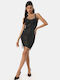 Mesh Dress with Decorative Rhinestones Black