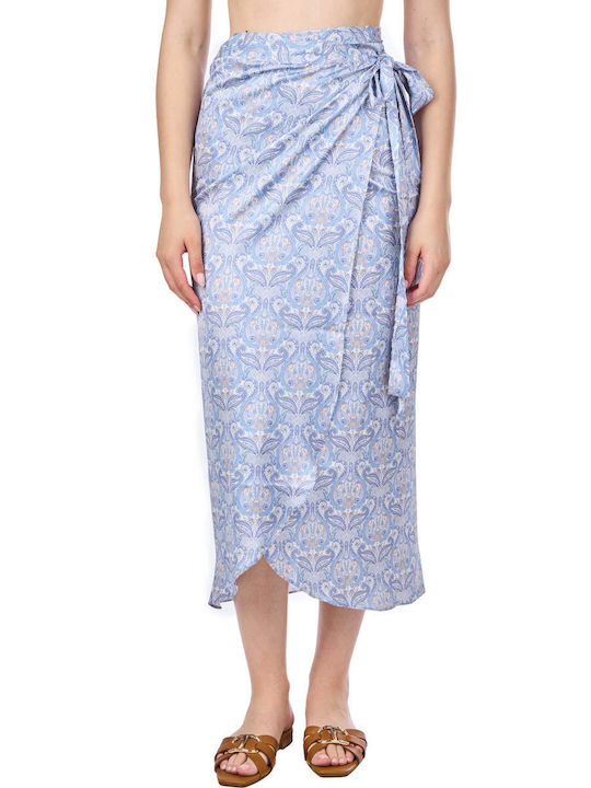 Collectiva Noir Adiope Satin High Waist Midi Envelope Skirt in Light Blue color