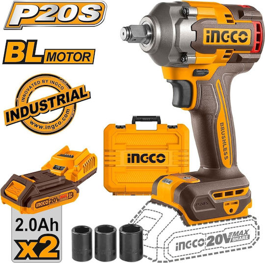 Ingco CIWLI2040 Brushless Impact Wrench Battery 20V 2x2Ah with Socket 1/2"