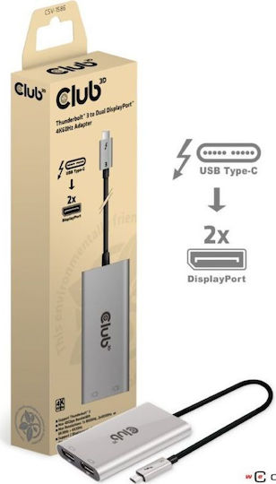 Club3D Μετατροπέας Thunderbolt 3 male σε DisplayPort 2x female Ασημί 1τμχ CSV-1586