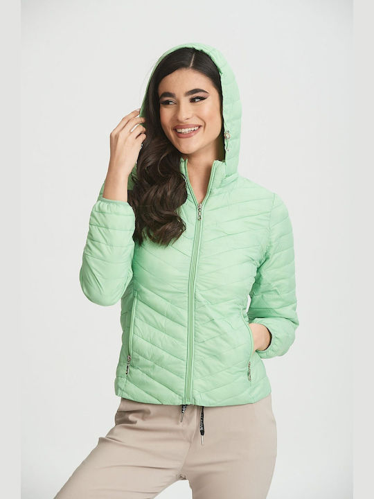 Boutique Women's Short Puffer Jacket for Winter with Hood Green