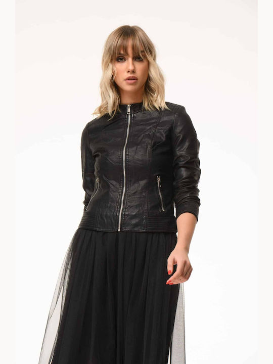 Boutique Women's Short Biker Artificial Leather Jacket for Winter BLACK