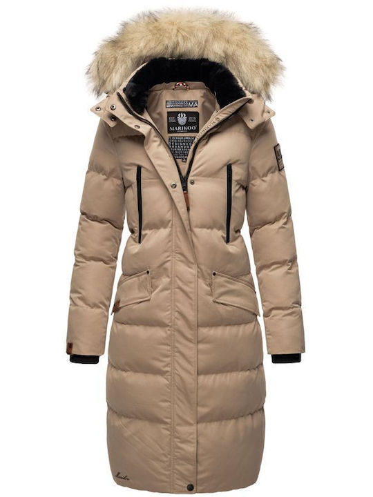 Marikoo Lang Damen Puffer Jacke für Winter Taupe