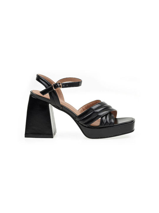 Verde Platform Synthetic Leather Women's Sandals Black with Chunky High Heel