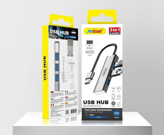 Andowl USB Hub 3 Ports USB 2.0 with USB-A Connection Ethernet Blue