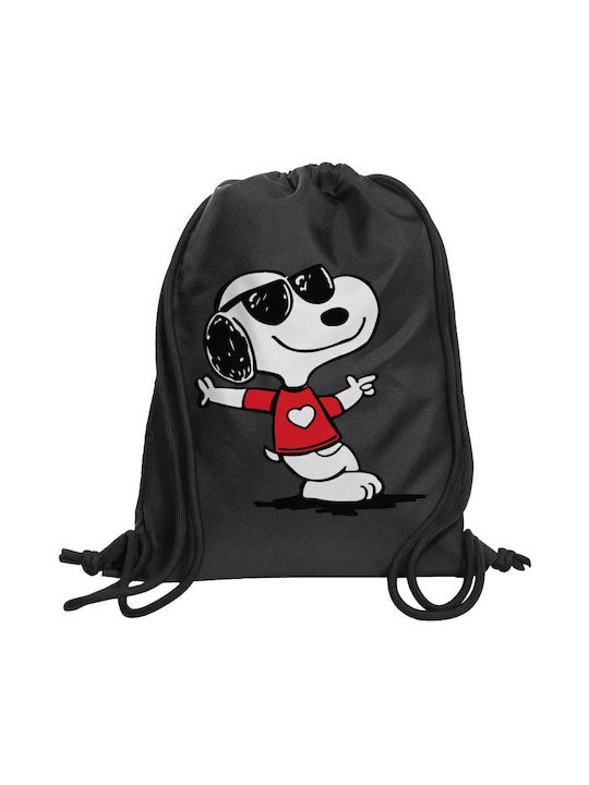 Geantă rucsac Snoopy Heart Gymbag cu buzunar negru și șireturi groase 40x48cm