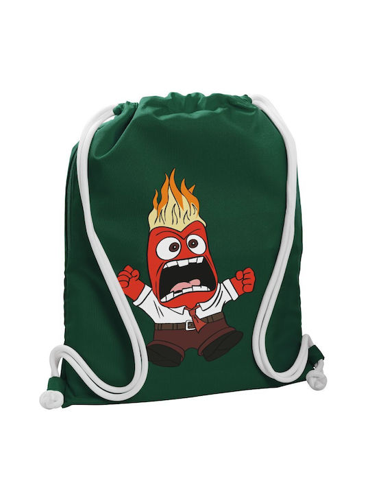 Rucsac cu snur Inside Out Anger, Verde sticla, buzunar 40x48cm și șnururi groase albe