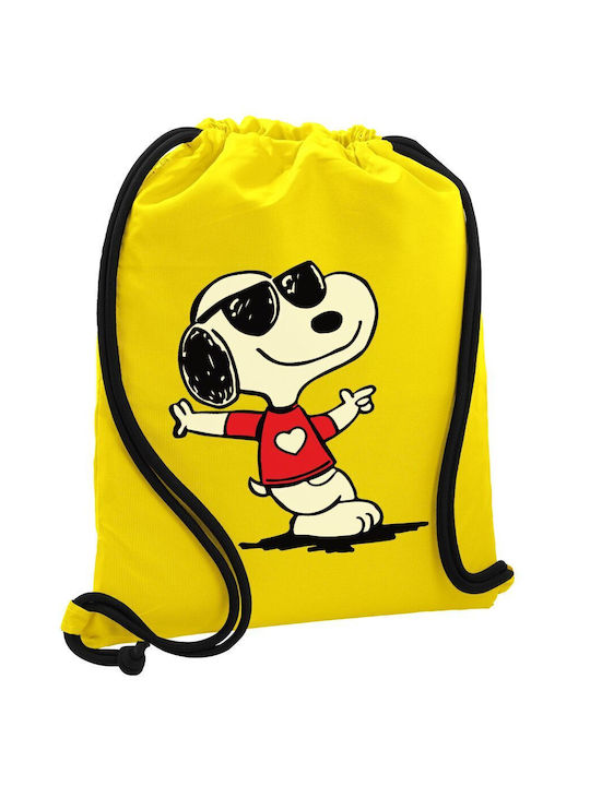 Geantă rucsac Snoopy Heart Gymbag cu buzunar galben 40x48cm și curele groase