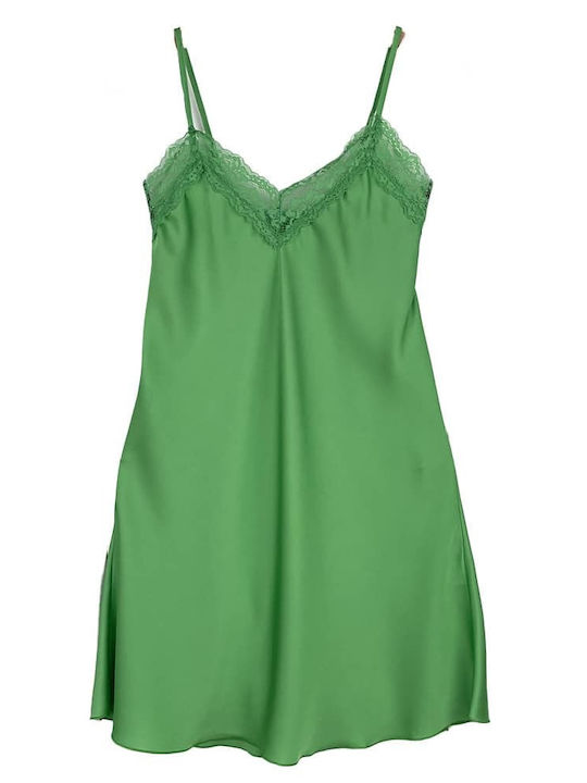 Women's Satin Nightdress Short Adjustable Straps Slim Fit Green