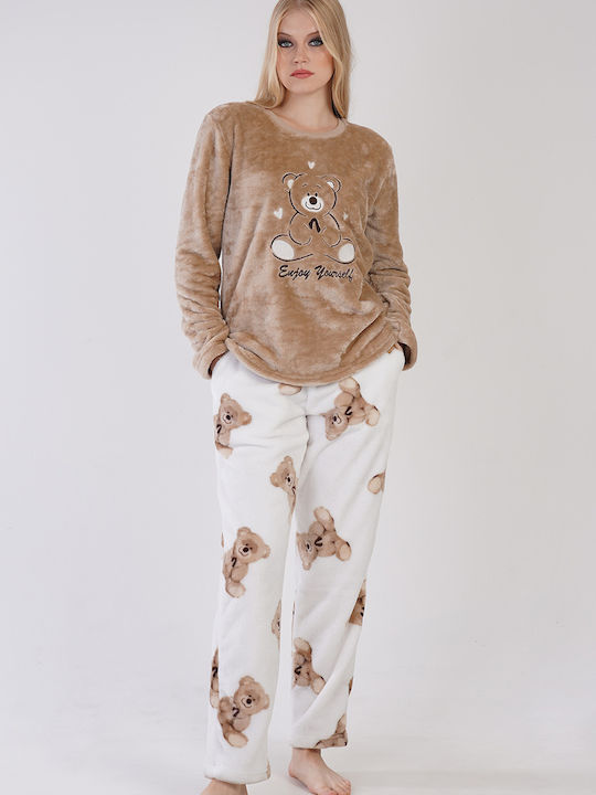 Pijama Vienetta pentru femei din boucle de iarnă, cu imprimeu brodat "bucură-te" 303062 Bej