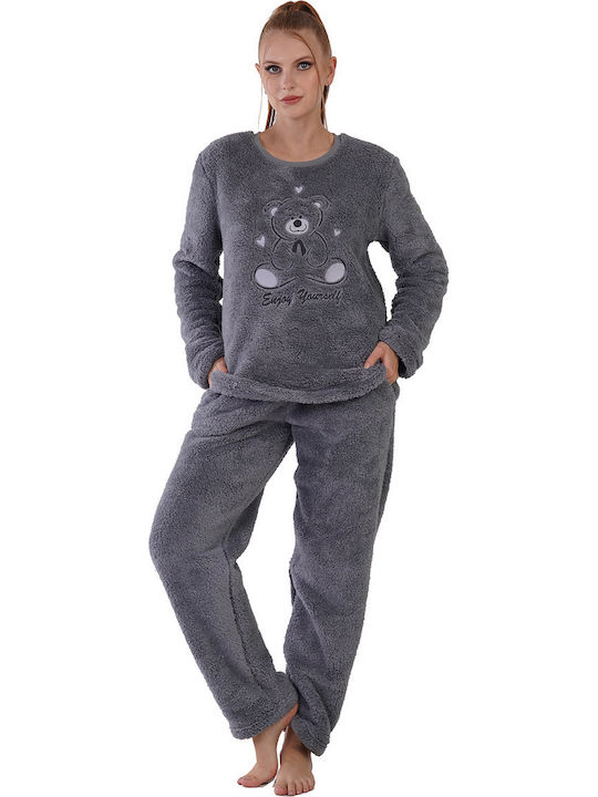 Pijamale de iarnă pentru femei Vienetta din boucle cu imprimeu brodat "bucură-te" gri -306048
