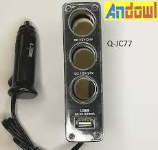 Car Charger with Ports 1xUSB-A 3xLighter with Embedded Cable Black Color