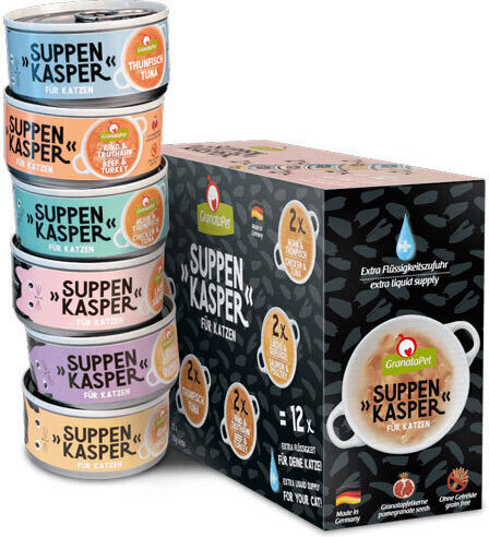 Granata Pet Foods Suppenkasper Wet Food for Cats in Cans with Chicken, Meat, Pomegranate, Tuna, Salmon, Poultry, Calf and Turkey 12x70gr