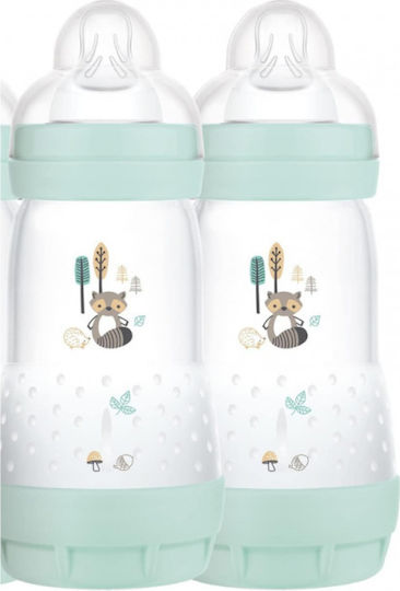 Mam Plastic Baby Bottle Set Easy Start Anti-Colic with Silicone Nipple for 2+ months Green Raccoon - Mint 260ml 2pcs