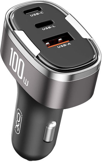 XO CC61 Φορτιστής Αυτοκινήτου 100W 3A με Θύρες: 1xUSB 2xType-C μαζί με Καλώδιο Lightning Μαύρο Χρώμα