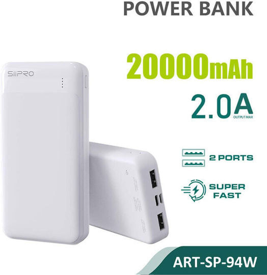 SiiPro SP-94W Power Bank 20000mAh cu 2 Porturi USB-A Alb