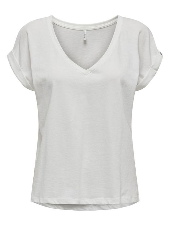 Only Women's T-shirt with V Neckline & Sheer White