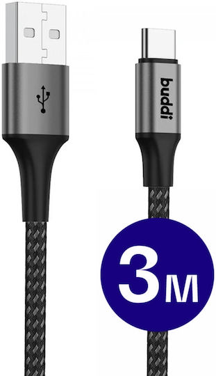 Buddi USB 2.0 Cable USB-C male - USB-A 12W Μαύρο 3m 122426
