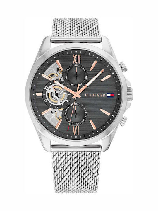 Tommy Hilfiger Baker Ceas Bărbați 44mm Cronograf Baterie Cu Brățară Argintie Din Oțel