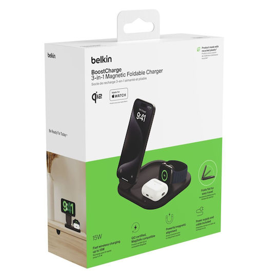 Belkin Безжично зарядно Qi2 15W Черен (BoostCharge 3-in-1 Magnetic Foldable Qi2)