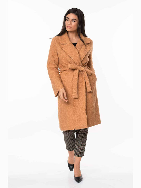 Zirgon Women's Curly Coat with Belt Taba