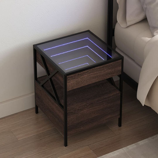 Metal Bedside Table with Glass Surface Brown Oak 40x40x51cm