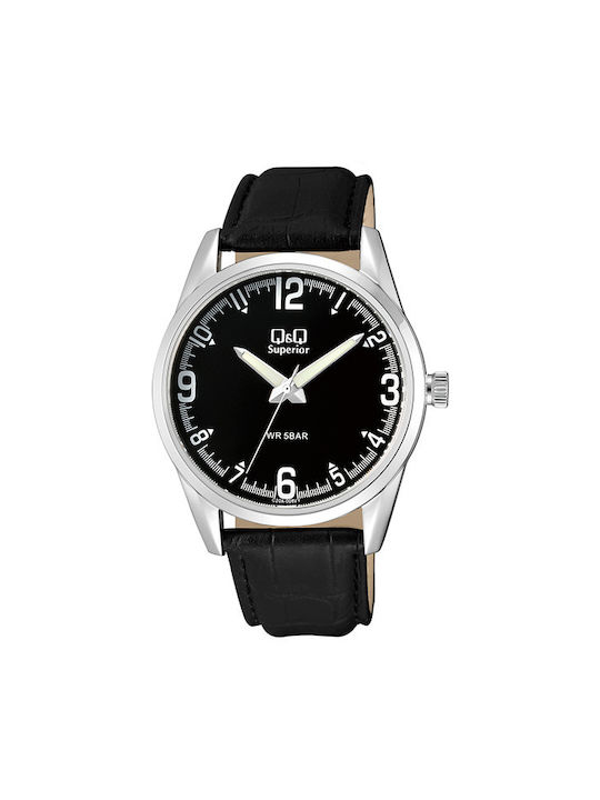 Q&Q Watch Battery with Black Leather Strap