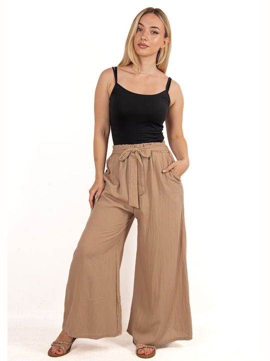 Leinenhose mit weitem Bein und Gürtel Beige