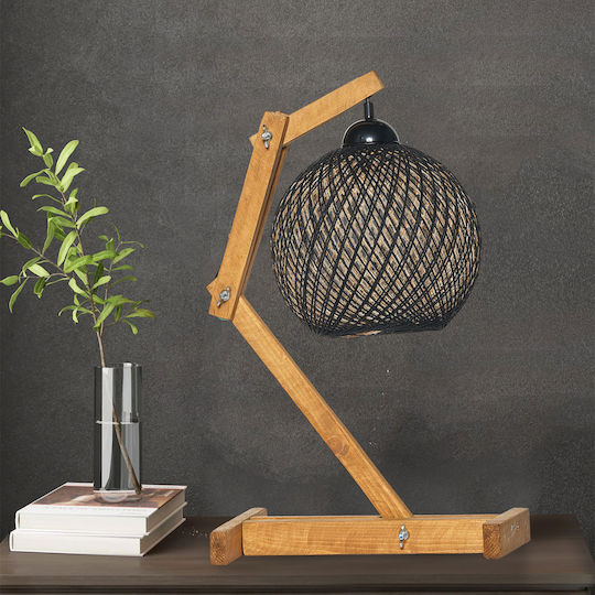Opviq Wood Table Lamp for Socket E27 with Black Shade and Brown Base