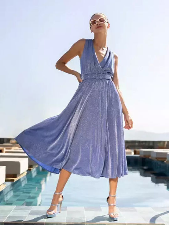 Rochie Midi cu Curea Albastru Cerulean