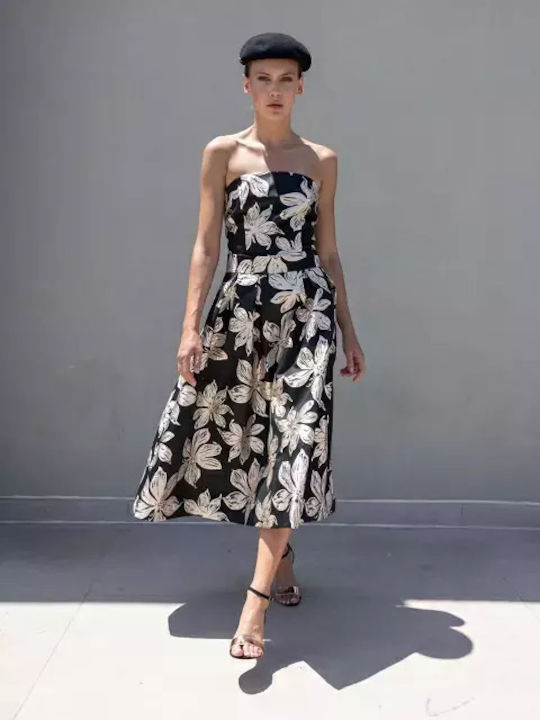 Fustă Midi cu Contrast Floral Negru