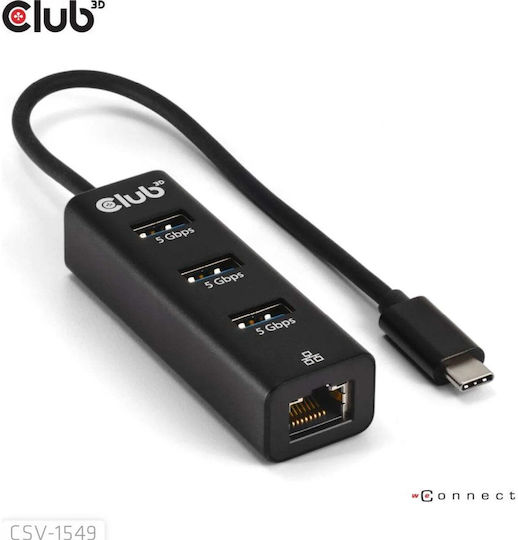 Club3D 3-Port USB 2.0 Hub with USB-C Connection Ethernet
