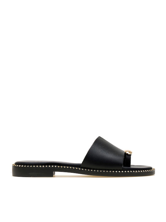 Leather Women's Flat Sandals in Black Color