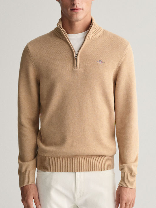 Gant Herren Langarm-Pullover Ausschnitt mit Reißverschluss Khaki Melange