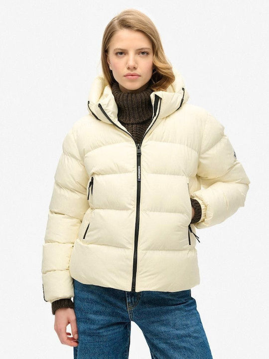 Superdry Women's Short Puffer Jacket for Winter with Hood Ecru